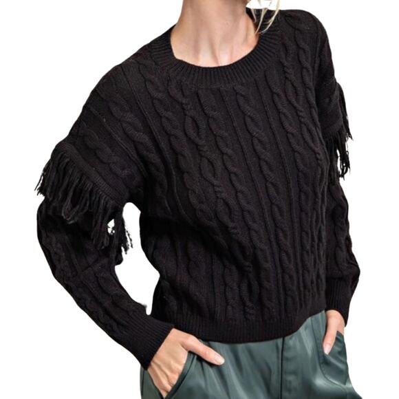 T Tahari Black Fringe Cable Knit Round Neck Sweater Size S Ribbed Cuffs Hem - Picture 1 of 10